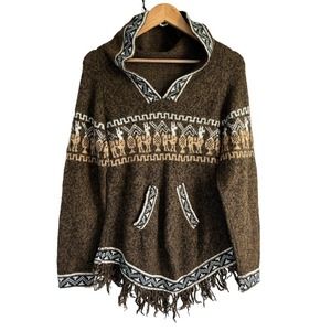 Alpaca Exotic Imports Size Small‎ Handmade Alpaca Hooded Tasseled Sweater Brown